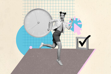 Banner 3d art pop image collage of happy businesswoman businessman stand checkmark approval deal...