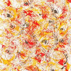 Circular red and orange brush stroke patterns with character.