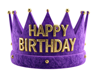 A plush purple felt birthday crown with gold “Happy Birthday” lettering, front view