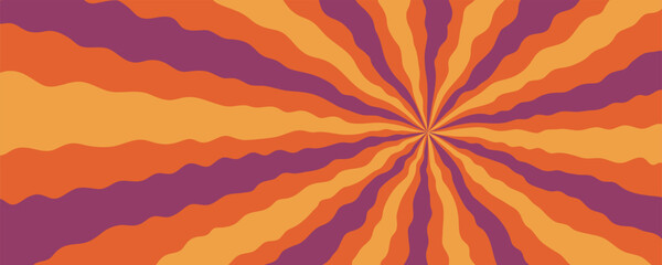 Halloween background with orange, purple, and yellow wavy rays, psychedelic abstract pattern. Retro groovy design, perfect for party posters, fabric, packaging, and seasonal decorations
