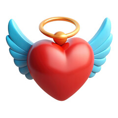 Red heart with blue angel wings and golden halo 3d render isolated on transparent background