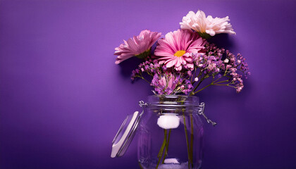 Jar Of Flowers On Purple Background