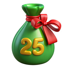 Green gift bag with red ribbon and number 25 icon isolated on transparent background