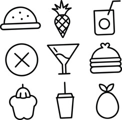 Nine simple black line art icons of food and drink items burger