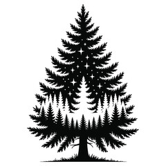 Fototapeta premium Black Silhouette of Pine Tree with Inner Forest and Stars white background