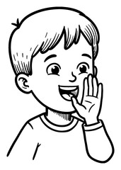 Obraz premium Happy Cute Little Boy Shouting Smiling with Hand Near Mouth Front View Black and White Outline Line Art Drawing