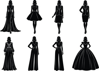 Elegant Female Silhouettes in Formal and Semi-Formal Dresses Including Gowns, Jumpsuits, and Business Attire for Fashion Design Projects