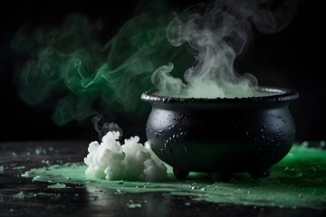 Macro shot of a mystical witch's cauldron with bubbling green liquid and dry ice smoke on black background, perfect copy space
