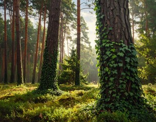 Fototapeta premium Tranquil Forest Sunlight Embraces Verdant Trees