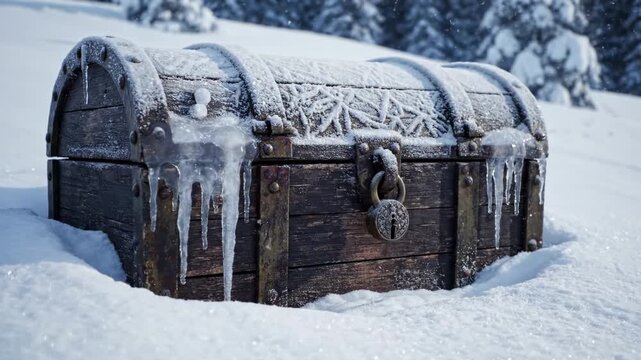 Frozen Treasure Chest in Snowy Landscape - A weathered wooden chest, covered in snow and ice, sits partially buried in the snow. Icicles hang from the lid, adding to the wintry scene.