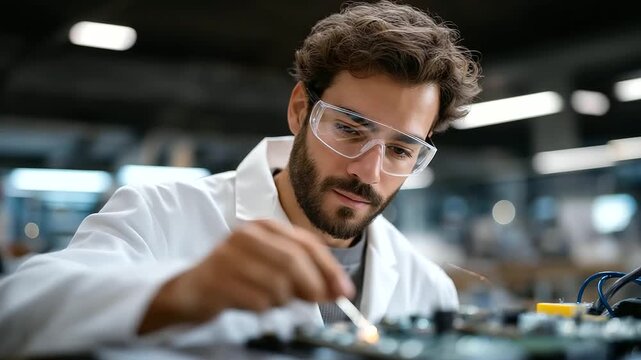 An engineering intern tests prototypes in a lab with circuit boards sparking tools meticulously arranged safety goggles hanging on a rack and a 3D printer humming in the corner