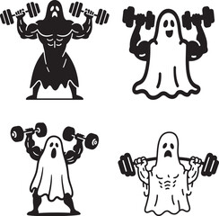 Silhouette illustrations of muscular Halloween ghosts performing various weightlifting or gym exercises