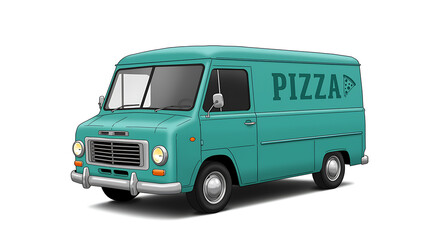 Teal vintage delivery van with pizza logo food truck