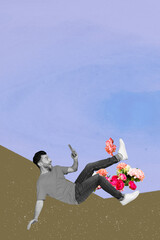 3d pop image zine art collage of happy girl guy lay park street outside flower bush bloom spring summer atmosphere leisure time