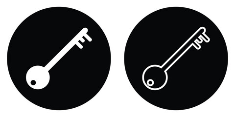 Silhouette key icon set on isolated white page. Black isolated vector key icon set on white background. Dark black circle key icon silhouette. Unlock keyword signs set on white page.  