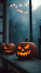 Obraz premium Pumpkins glow bright in dark misty Halloween night