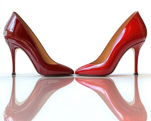Two red high-heeled shoes, mirrored reflection