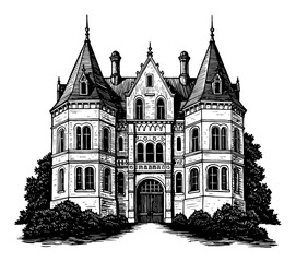 Big Castle Front View Detailed Black and White Outline Line Art Drawing Vintage Architecture