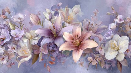 Elegant Pastel Lilies and Spring Blossoms: Romantic Floral Painting, Soft Hues, Lavender Background