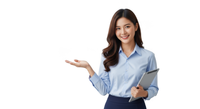 Young asian business woman in blue shirt holding a tablet and gesturing, isolated on transparent background