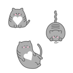 Fat cute doodle tabby grey cat in various poses set. Sitting, lying, hunting for a mouse. Funny gray kitten character with white heart clip art. Vector illustration.