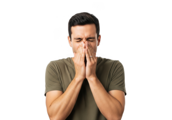 Man covering mouth and nose with hands isolated on transparent background