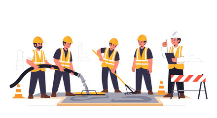 Construction workers paving a roadway, using equipment and tools, overseen by a supervisor.