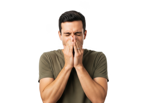 Man covering mouth and nose with hands isolated on transparent background