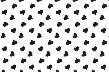 Black hearts seamless pattern on beige background. Valentines polka dot repeating wallpaper. Heart-shaped decorative texture for textile, fabric, cover, poster, banner, print, card. Vector backdrop