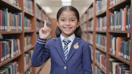 Young girl in school uniform standing in library aisle, smiling and raising index finger, concept of knowledge and learning enthusiasm