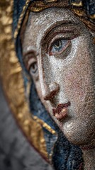 Ancient Mosaic Mary Face Gold Silver Red Blue Texture Closeup