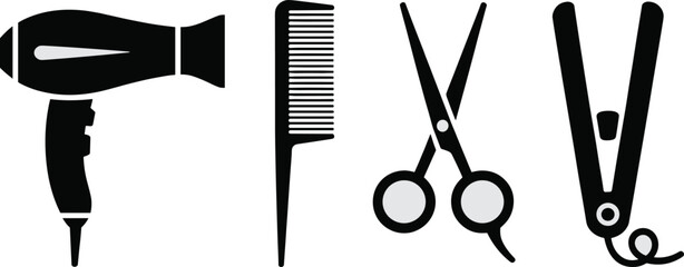Four essential hairdressing tools shown as simple black silhouettes including a hairdryer comb scissors and straighteners