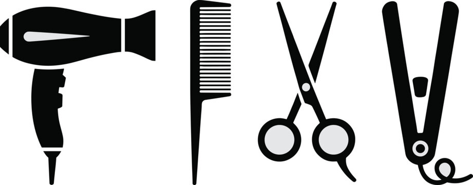 Four essential hairdressing tools shown as simple black silhouettes including a hairdryer comb scissors and straighteners