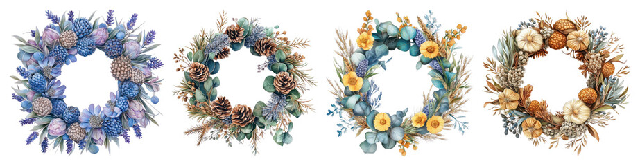 Fototapeta premium PNG Rustic floral wreaths collection, element set on transparent background