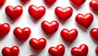 A  pattern of glossy red hearts arranged neatly against a plain white background creates a visually appealing and romantic design.