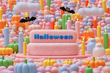 Halloween themed cake with bats and clouds. Cute pastel holiday display with pumpkins and candles for seasonal celebration.