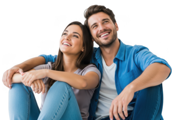 Happy couple sitting together looking upwards isolated on transparent background