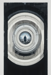 Mysterious figure in abstract spiral landscape digital art dark mood futuristic perspective