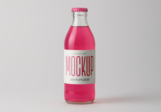 Clear Glass Bottle with Pink Lemonade Beverage Label Mockup