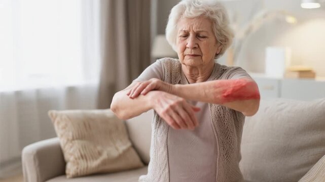 Old woman, arms and arthritis pain in home, massage joint and inflammation of bone disease. Senior person, sprain and swollen muscle by chronic fibromyalgia, hurt and osteoporosis or rheumatism - Powered by Adobe