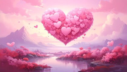 A large, heart-shaped tree, composed of many smaller hearts, floats above a serene landscape filled with pink cherry blossoms and a tranquil river.