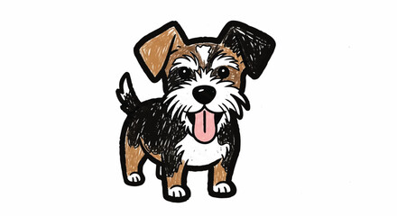 Illustration of a happy tri-colored puppy with its tongue out, standing on a plain white background with a cute expression, created with crayon-style drawing.