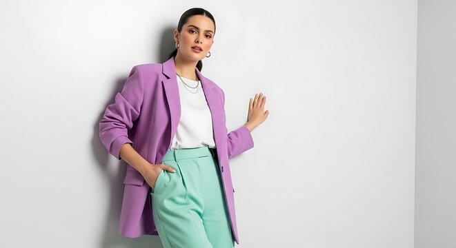 A woman in a stylish purple blazer and mint green pants posing against a white wall.