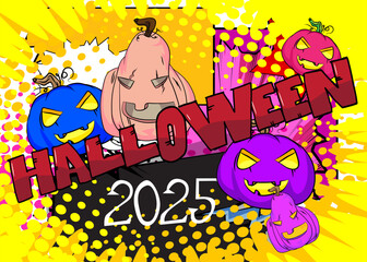Cartoon Halloween 2025, comic book invitation. Retro vector comics pop art design.