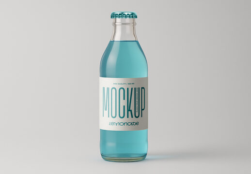 Blue Glass Bottle with Colored Lemonade Beverage Label Mockup