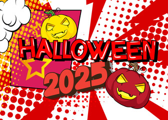 Cartoon Halloween 2025, comic book invitation. Retro vector comics pop art design.