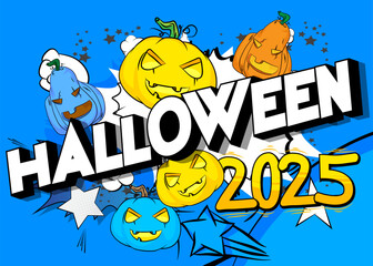 Cartoon Halloween 2025, comic book invitation. Retro vector comics pop art design.