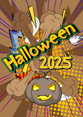 Cartoon Halloween 2025, comic book invitation. Retro vector comics pop art design.