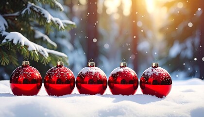 A row of shiny red Christmas ornaments, adorned with snowflakes, sits atop a bed of fresh snow, bathed in the warm glow of sunlight filtering through the trees.