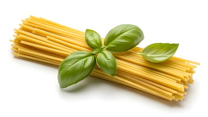 Spaghetti pasta with fresh basil leaves italian food cooking ingredient raw